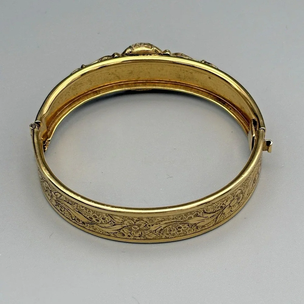 Vintage Victorian Revival Goldtone Bangle Red and Black Glass Etruscan